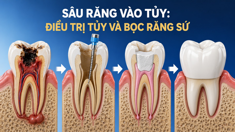 sâu răng đến tủy phải điều trị và bọc răng sứ